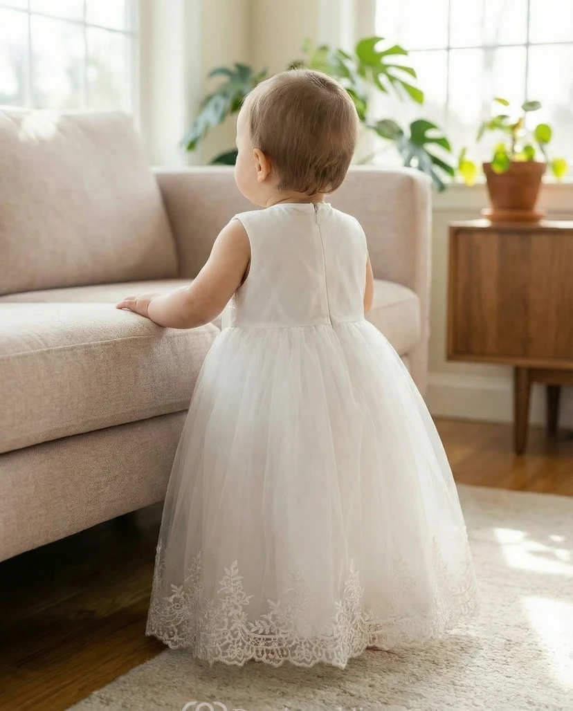 Christening White Baby Flower Girl Dress Cape Tulle Lace Ceremony Gown view 2