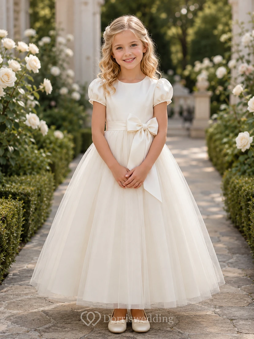 Flower Girl Dress Ivory Lace Tulle A-Line Jewel Neck Tea Length