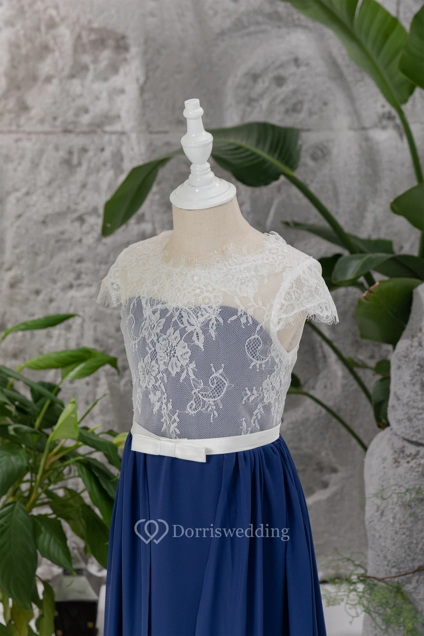 Lace Scoop-neck Cap Two-Tone Dark Blue Flowergirl Dress view 5