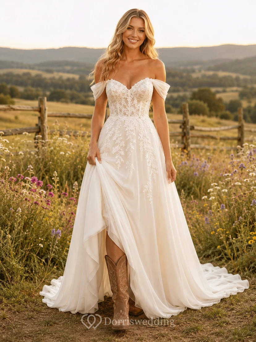 Robe de mariée de maternité en tulle dentelle à épaules dénudées et manches longues avec traîne appliquée