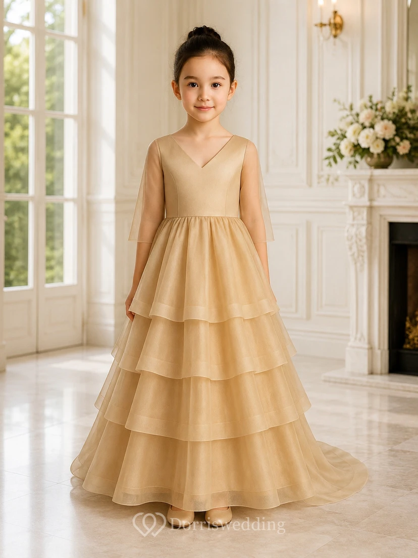 V-neck Illusion Half-sleeve Tiered A-line Flowergirl Dress with Sweep Train view 6