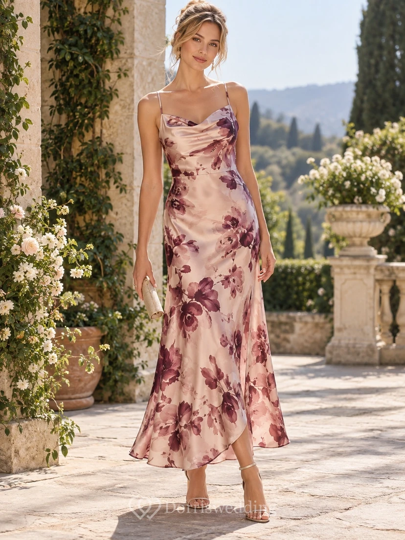 Vestido de invitada de satén color ciruela rosado con estampado floral, tirantes finos y largo midi.