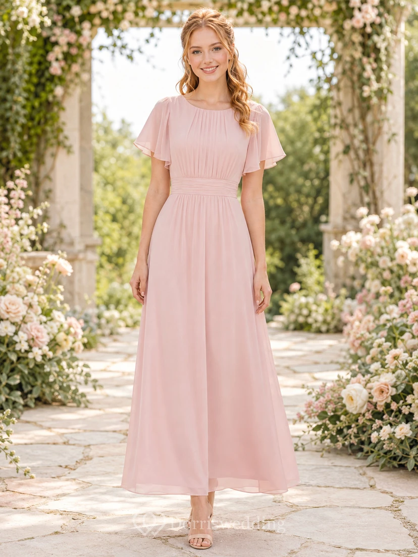 Blushing pink modest short sleeve chiffon ankle length junior bridesmaid dress