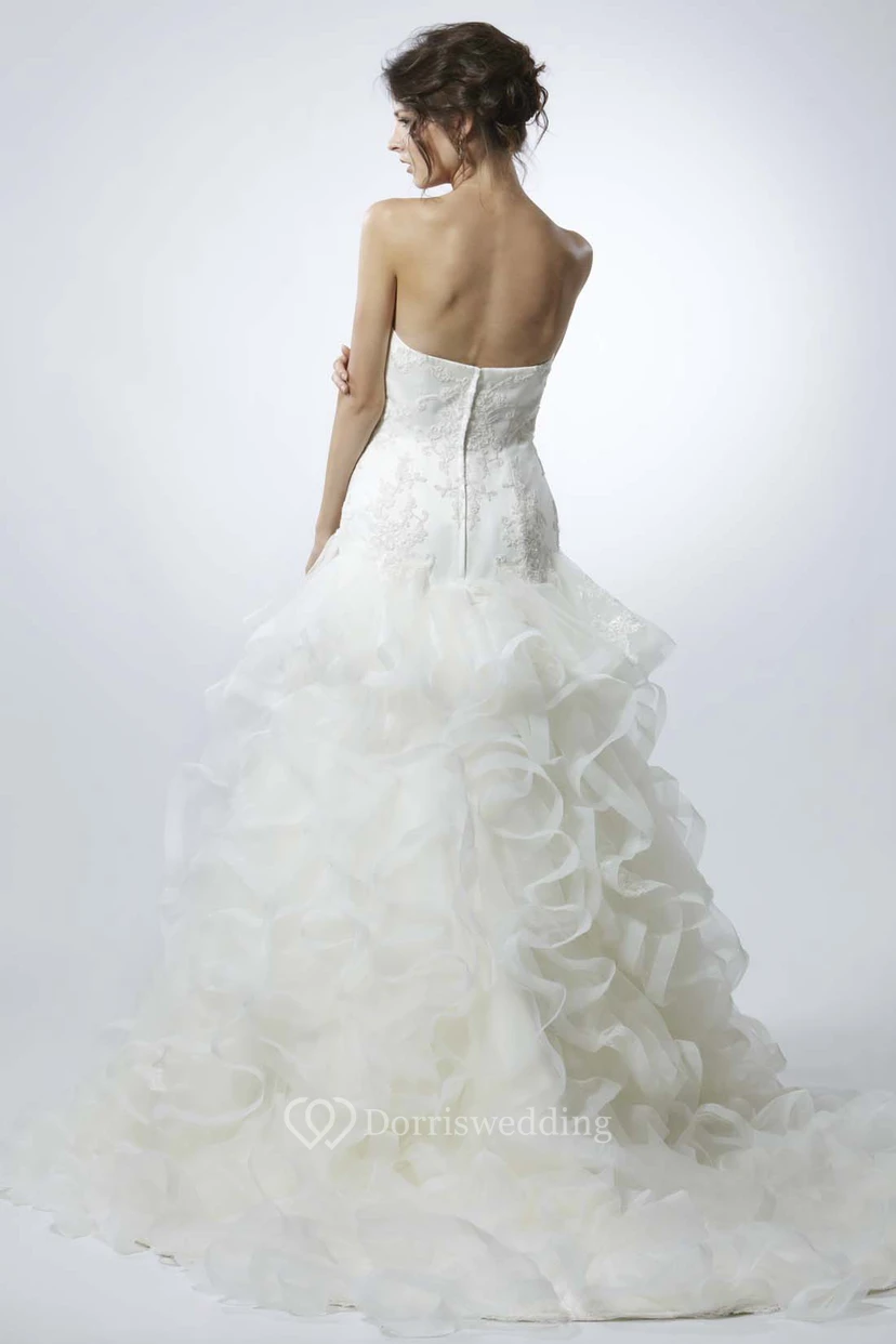 A-Line Ruffled Long Strapless Sleeveless Organza Wedding Dress With Appliques And Beading view 2