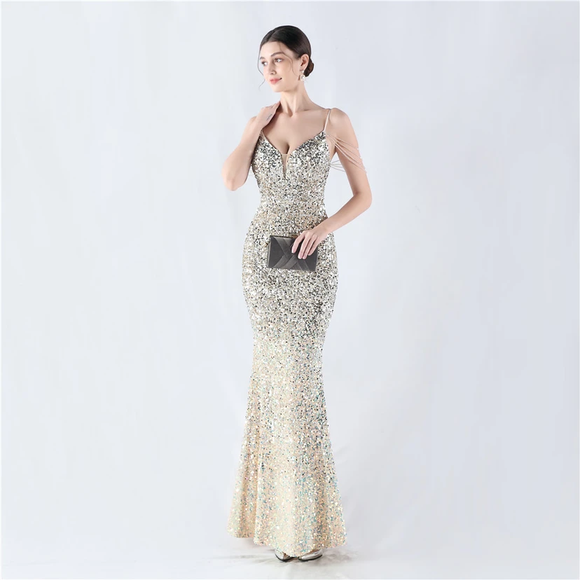 Velvet-Bottom Gradient Sequined Sexy Beaded Suspender Evening Dress view 63