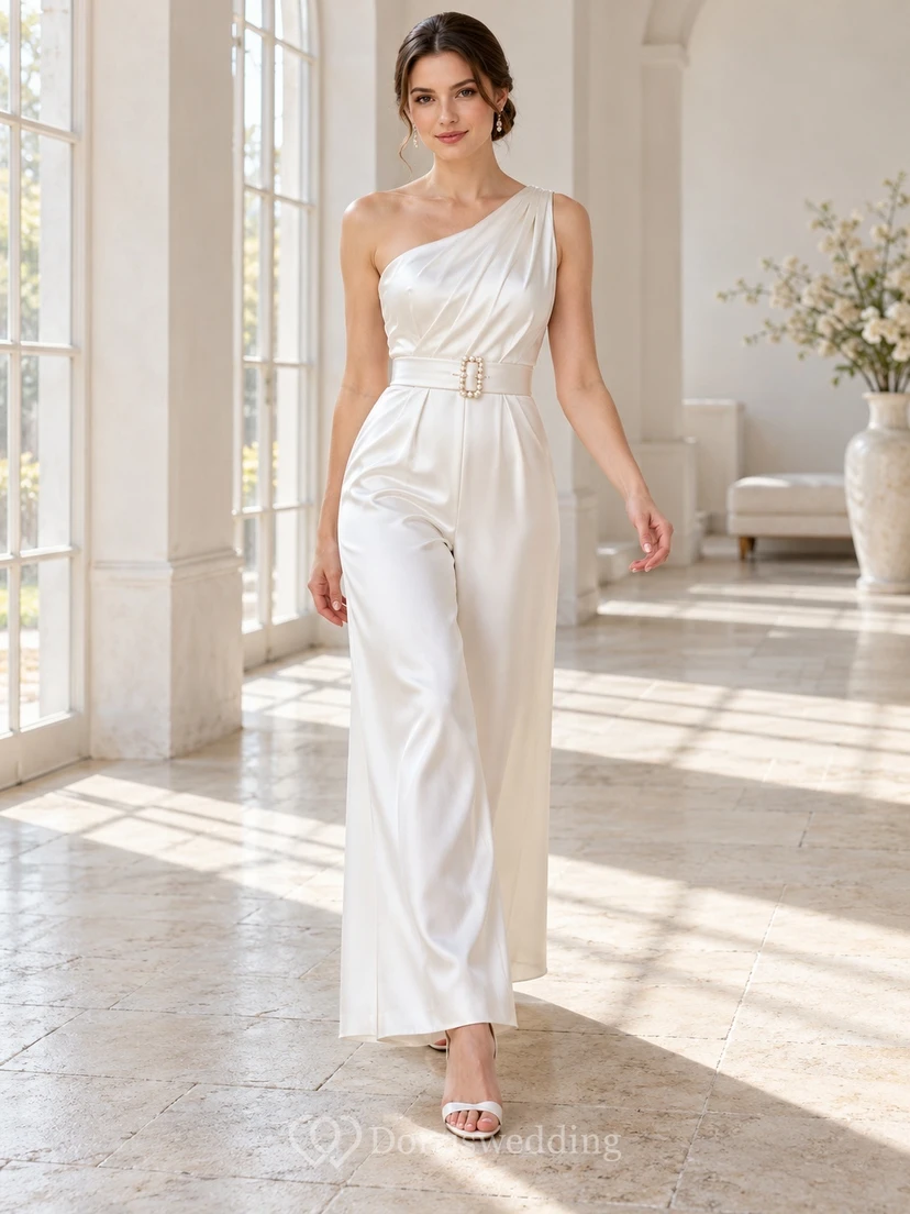 Modern One Shoulder Draped Satin Pearl Buckle Ankle Length Bridal Jumpsuit