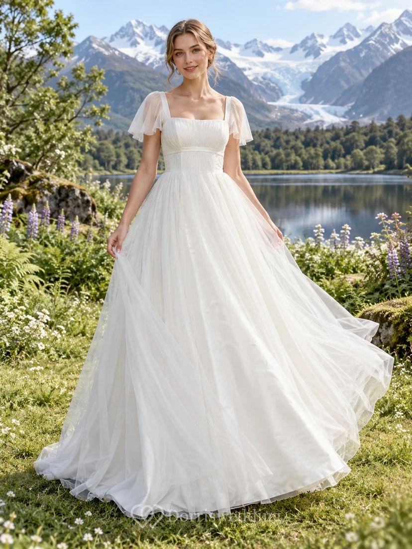 Einfaches Brautkleid aus Tüll in A-Linie mit eckigem Ausschnitt, Puffärmeln