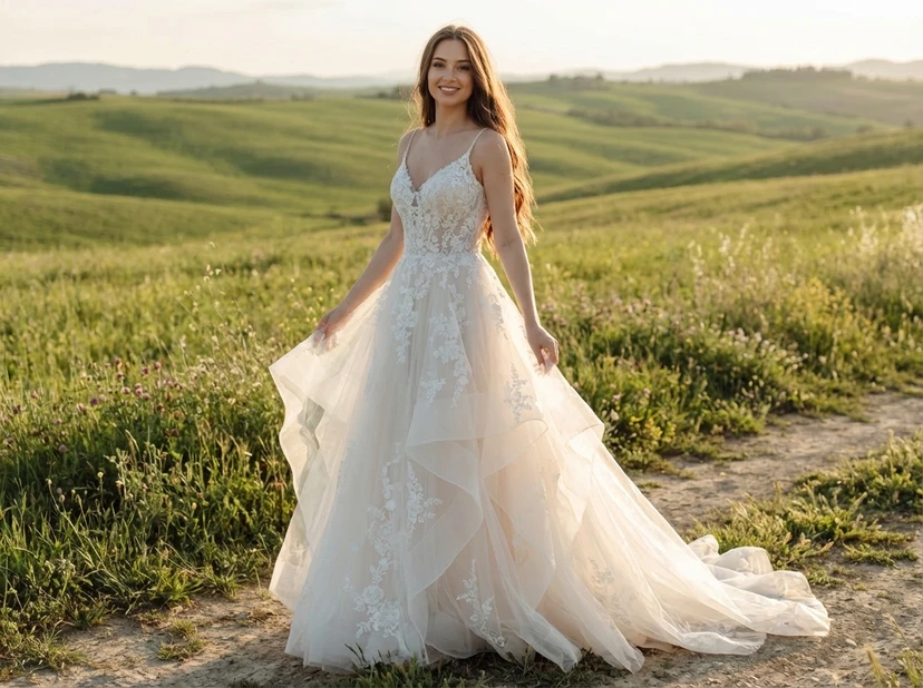 Romantic Lace Tulle A-Line Wedding Dress with Spaghetti Straps and Chapel Train view 3