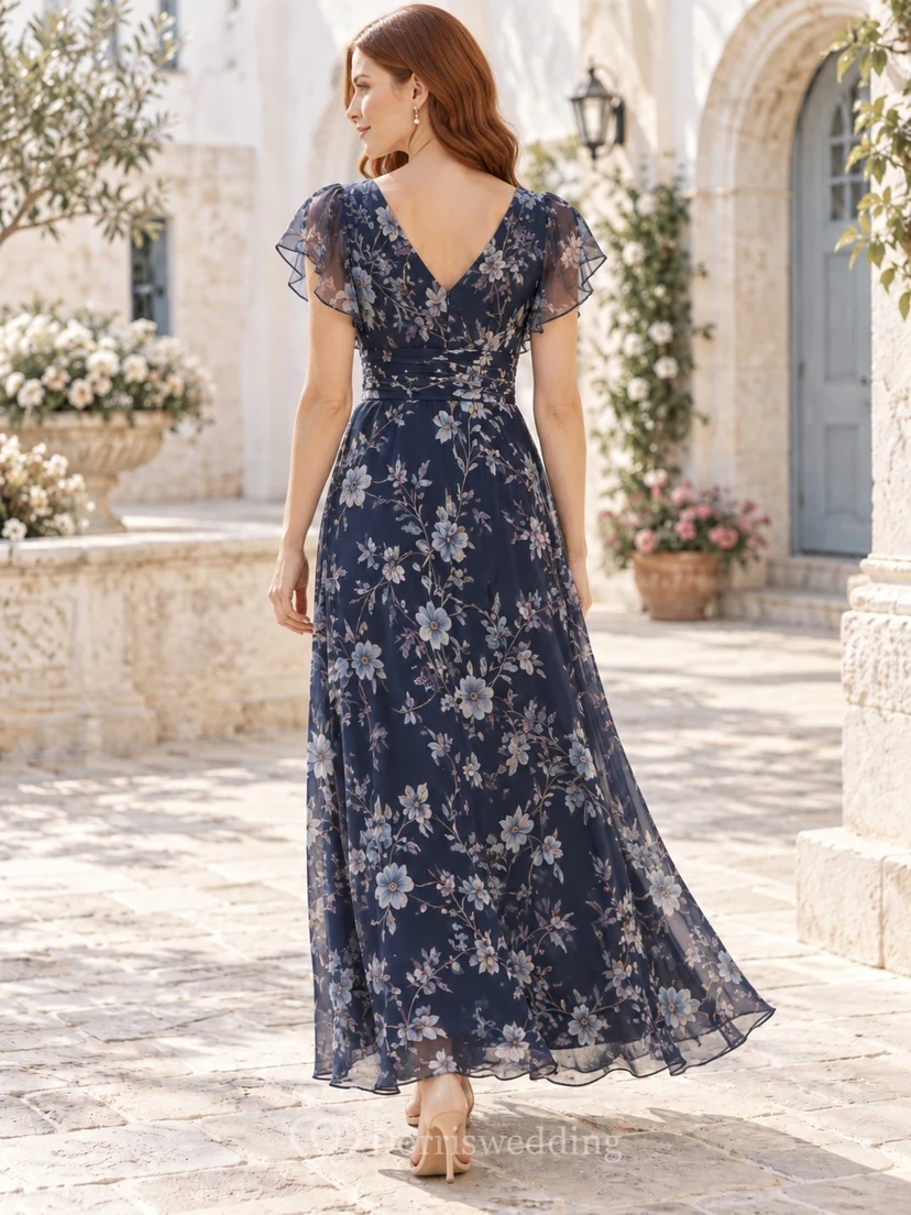 Vestido de invitada largo hasta el suelo, corte A, escote en V, mangas con volantes, estampado floral azul marino view 2