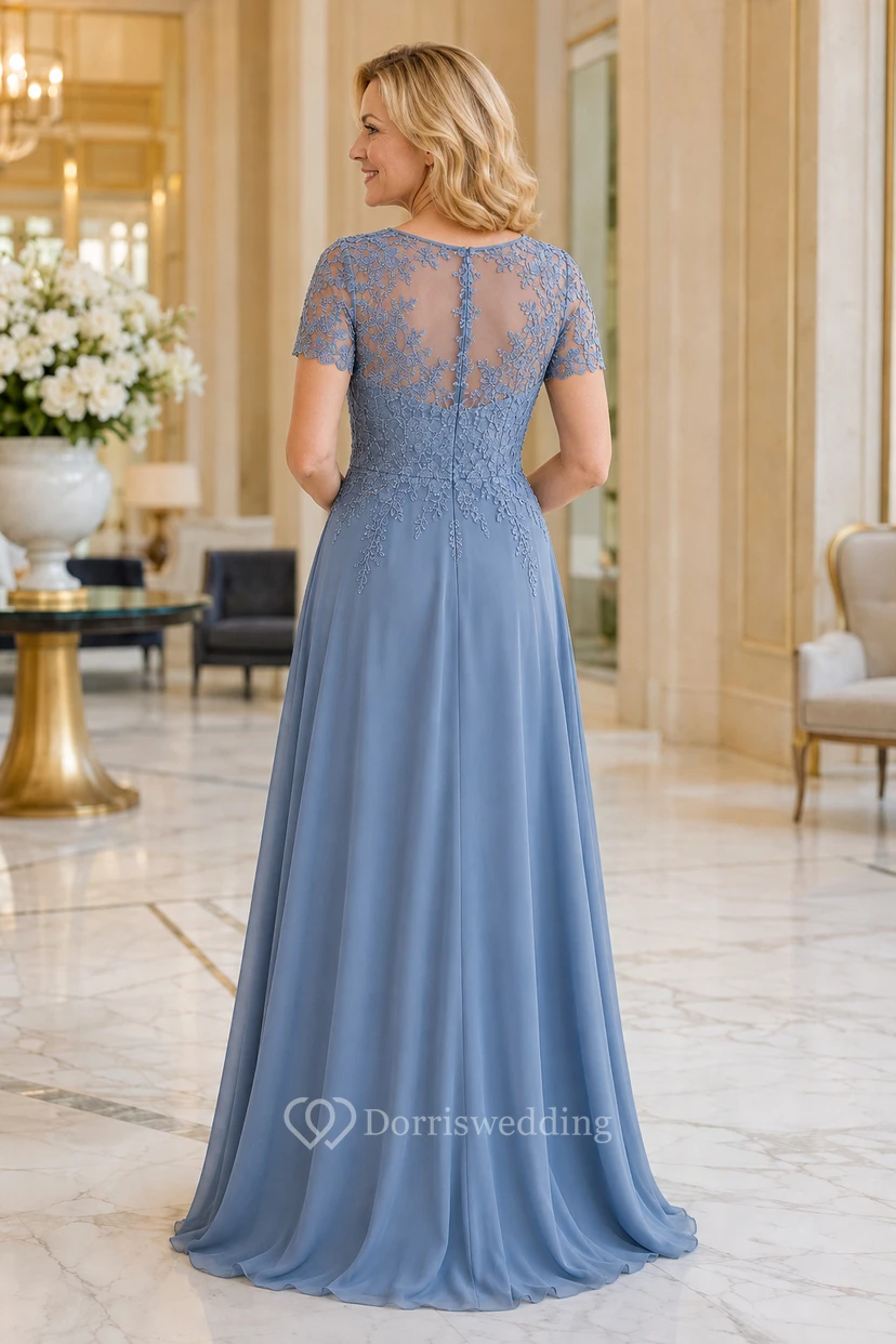 MOB Kleid Stahlblau Chiffon Spitze A-Linie Kurzarm Rundhalsausschnitt Bodenlang Plissee view 2