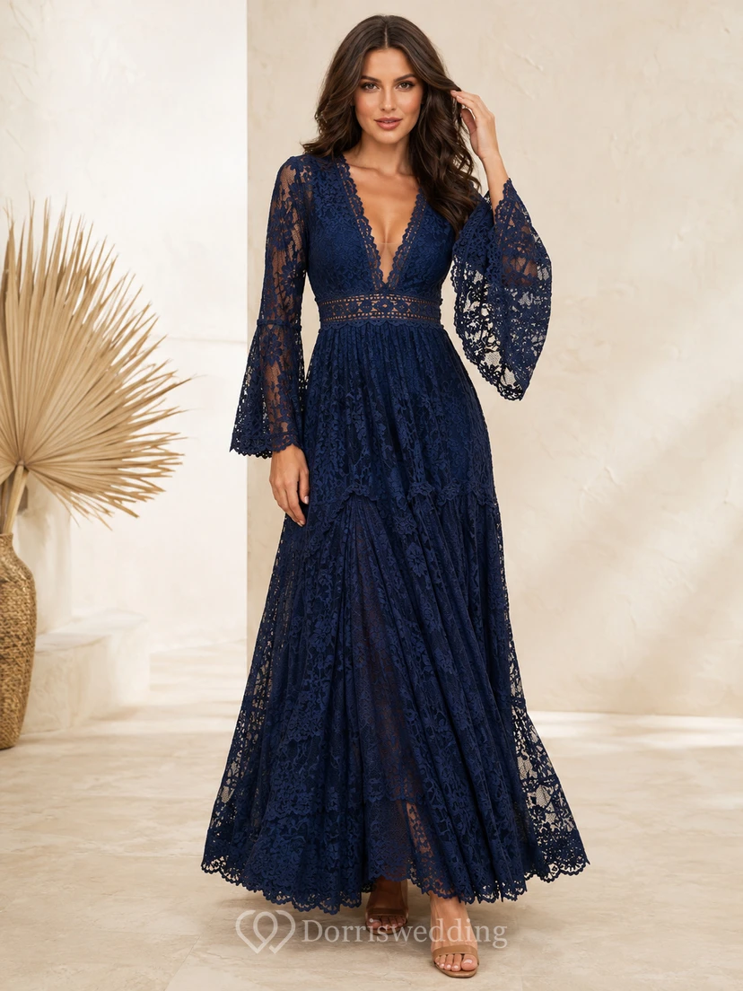 Vestido de encaje largo hasta el suelo, estilo bohemio, azul marino oscuro, con escote en V y mangas acampanadas, ideal para recepciones.
