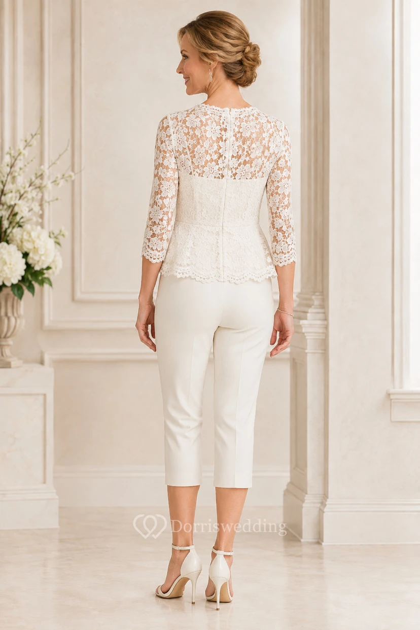 Eleganter Hosenanzug aus elfenbeinfarbenem Chiffon und Spitze, Rundhalsausschnitt, 3/4-Ärmel, knöchellang view 2