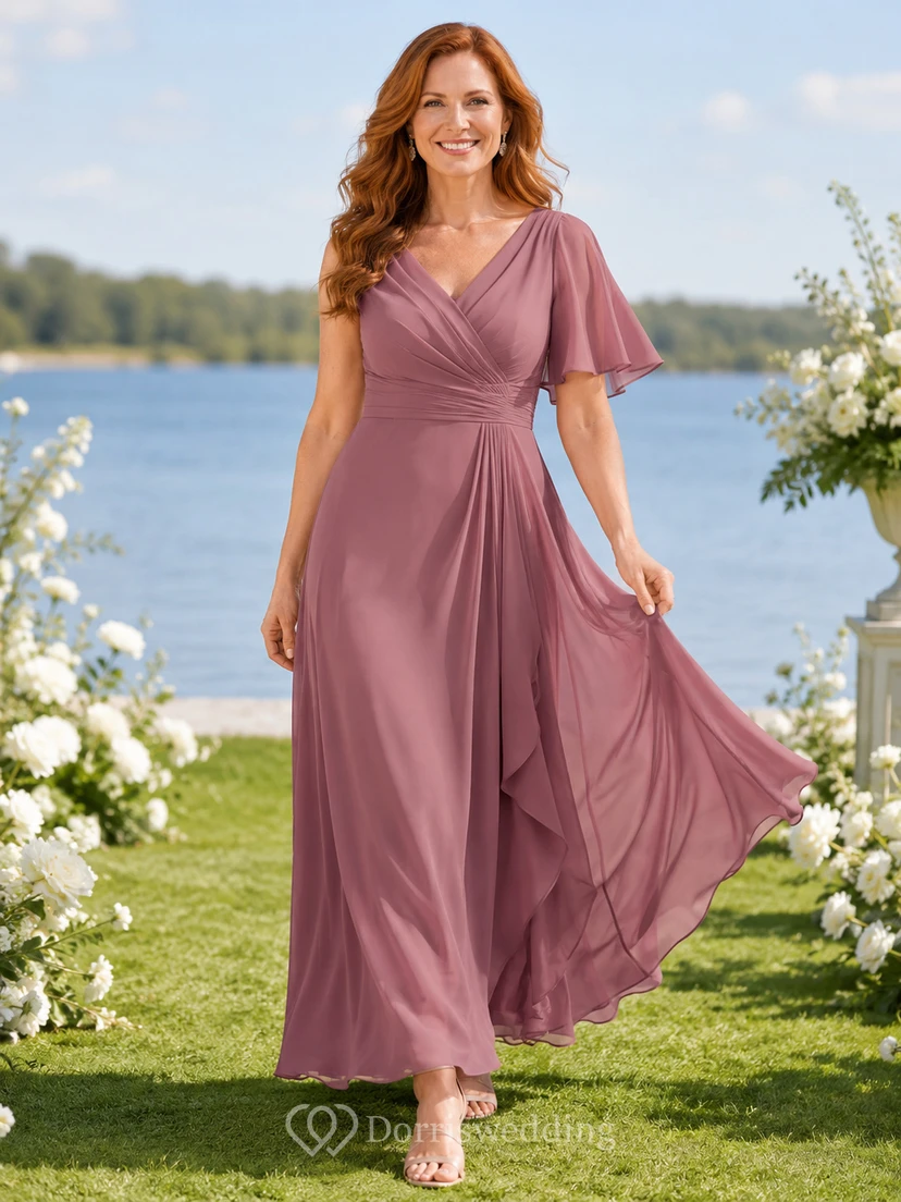 Altrosafarbenes, knöchellanges A-Linien-Chiffonkleid in romantischem Stil für die Mutter der Braut mit V-Ausschnitt, flatternden Ärmeln und seitlichem Kaskadensaum