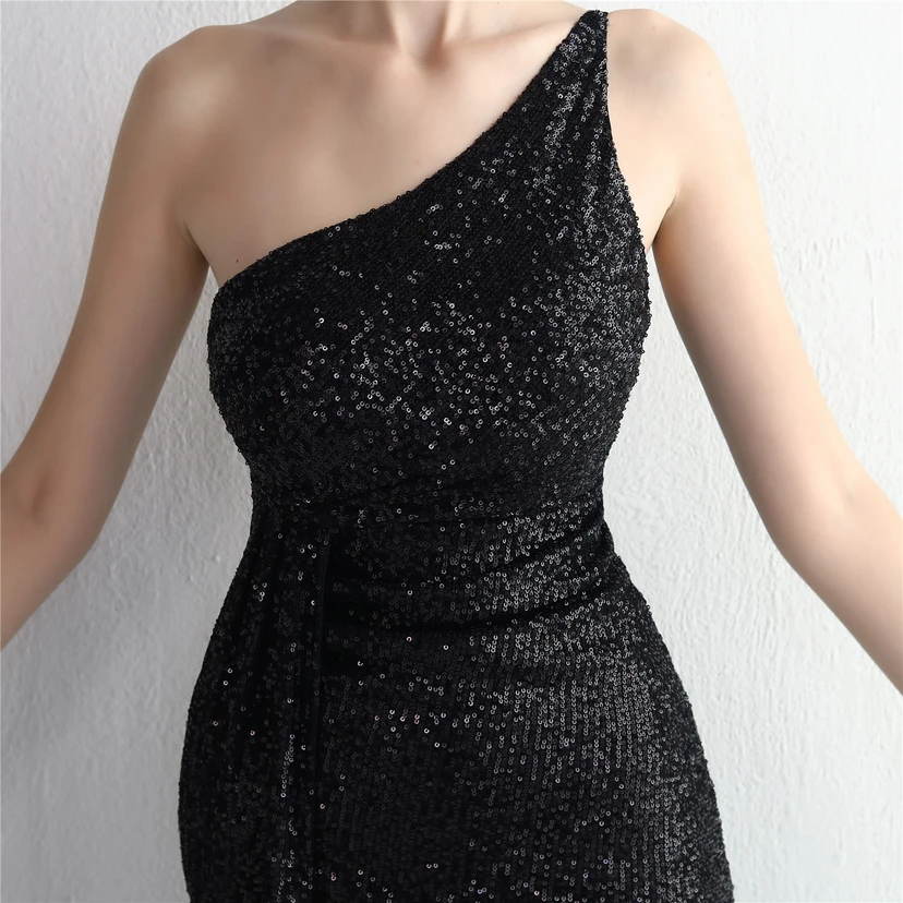 Sequined One-Shoulder Celebrity Cold Banquet Slit Long Sequin Aura Queen Dinner Fishtail Dress view 104