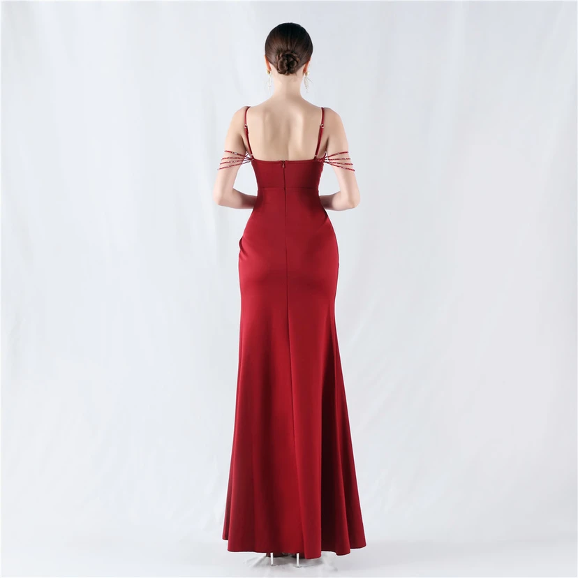 Hot Diamond Beaded High-Slit Satin Sexy Sling Evening Dress view 46