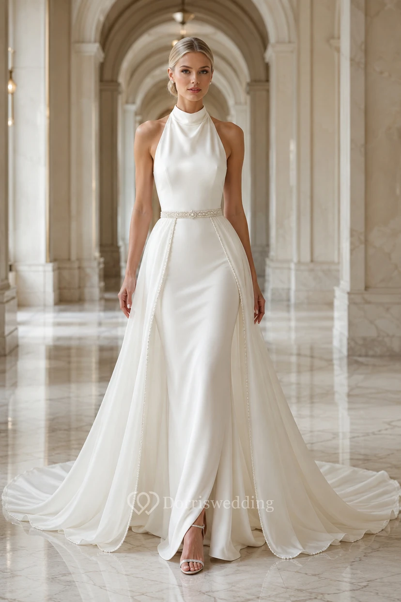 Halter Satin A-Line Wedding Dress with Side Split and Train
