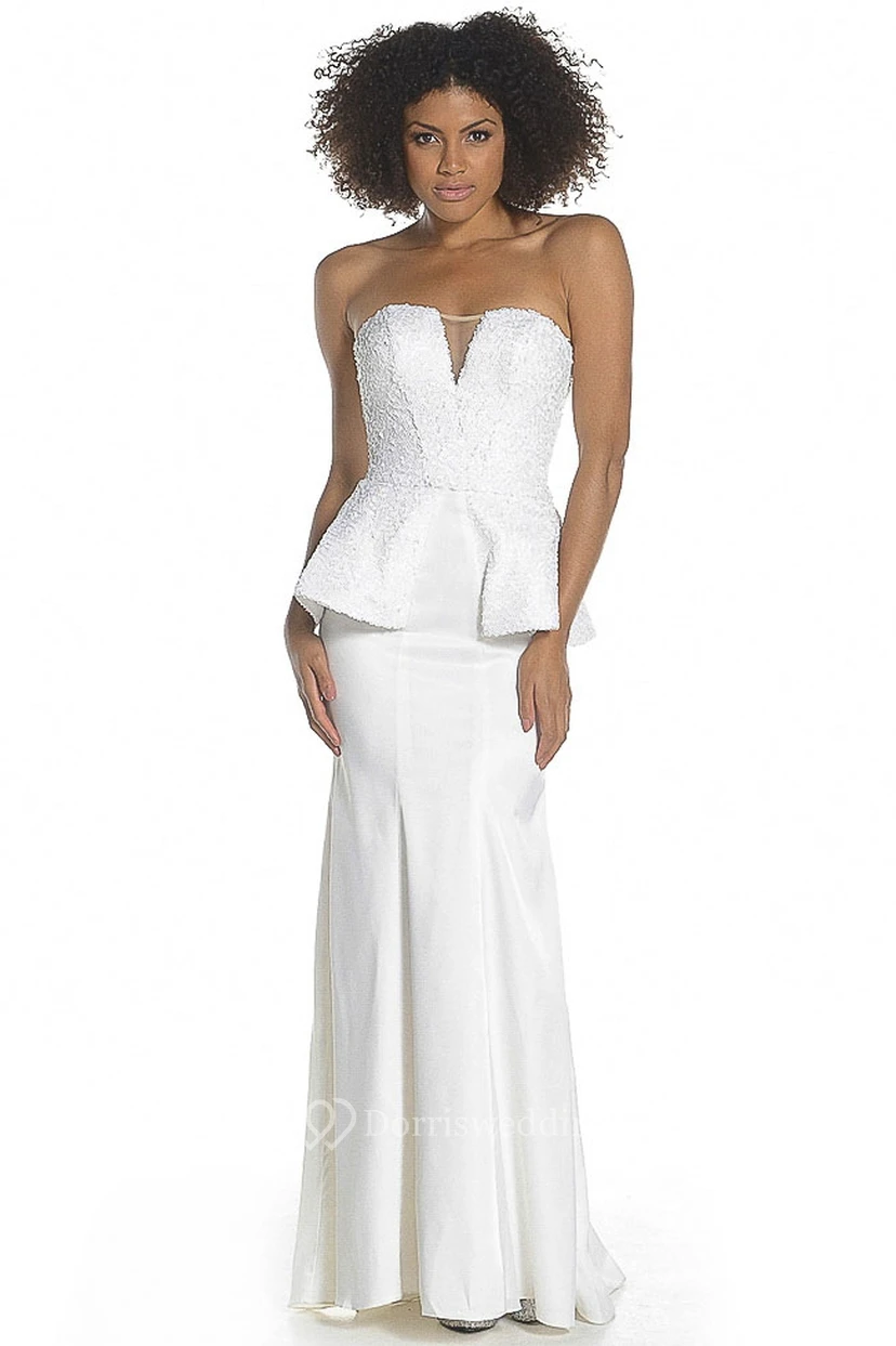 Sheath Strapless Peplum Long Sleeveless Satin Prom Dress With Zipper Back And Appliques