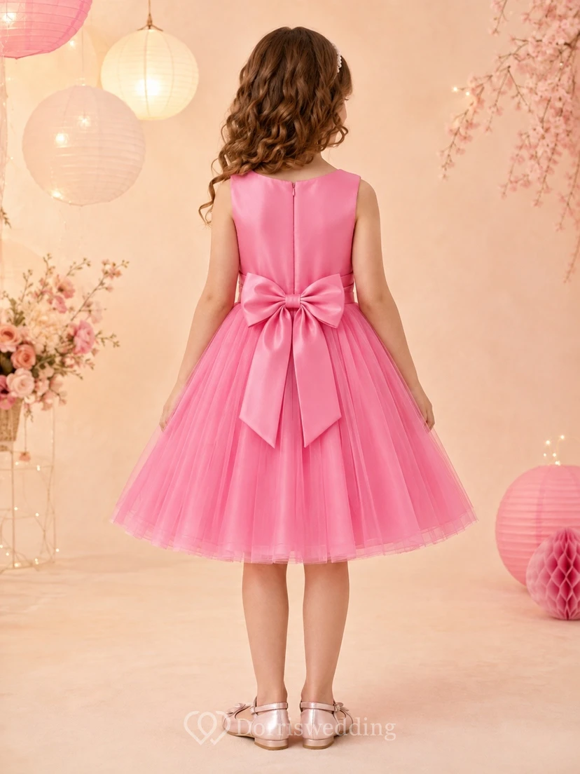 Candy Pink Adorable Square Tulle Sleeveless Ball-Gown Tea-Length Flowergirl Dress view 2