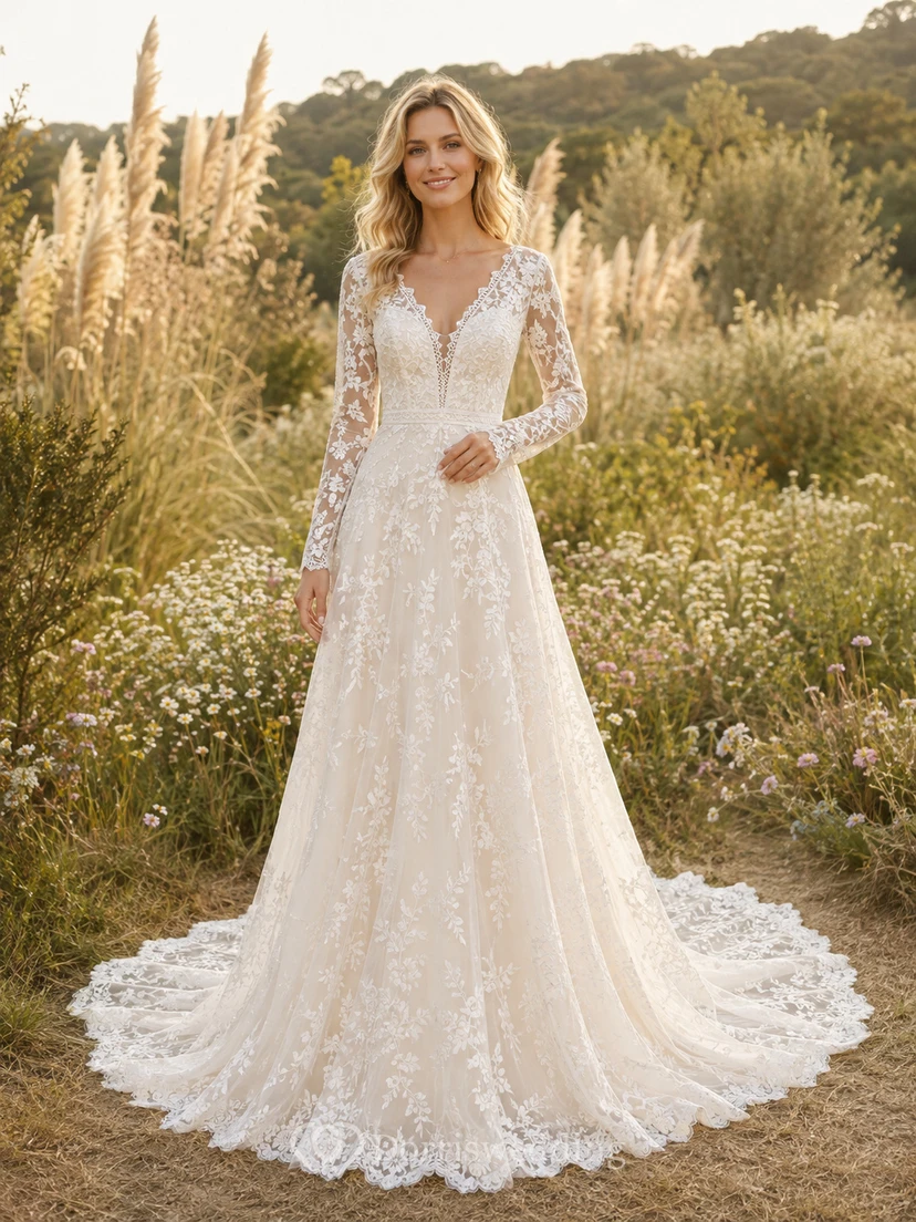 Robe de mariée bohème romantique en dentelle artisanale, col en V illusion, manches longues, coupe trapèze, traîne cathédrale, style bohème.