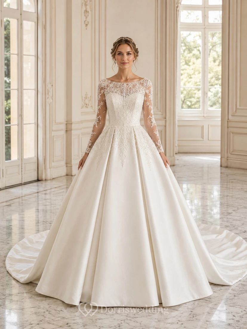 Vestido de novia elegante de satén con escote cuadrado, manga larga y cola catedral.