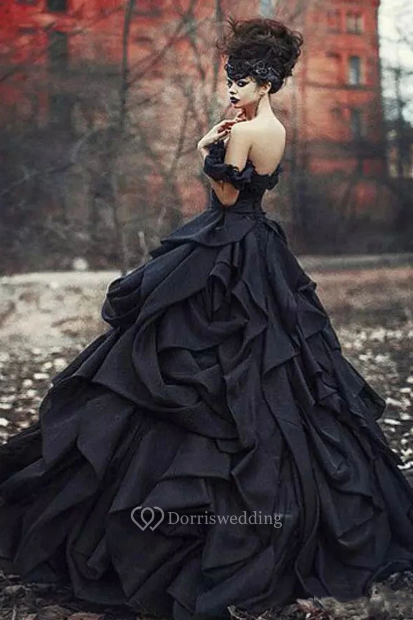 Ball Gown Taffeta Off-the-shoulder Sleeveless Floor-length Princess Wedding Dress with Cascading Ruffles and Ruching view 2