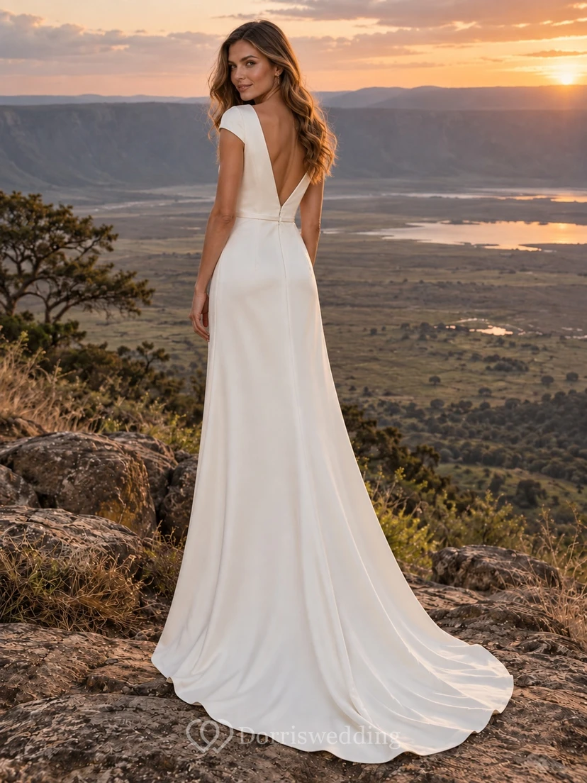 Vestido de novia sencillo de satén con escote en V, mangas cortas y espalda descubierta. view 2