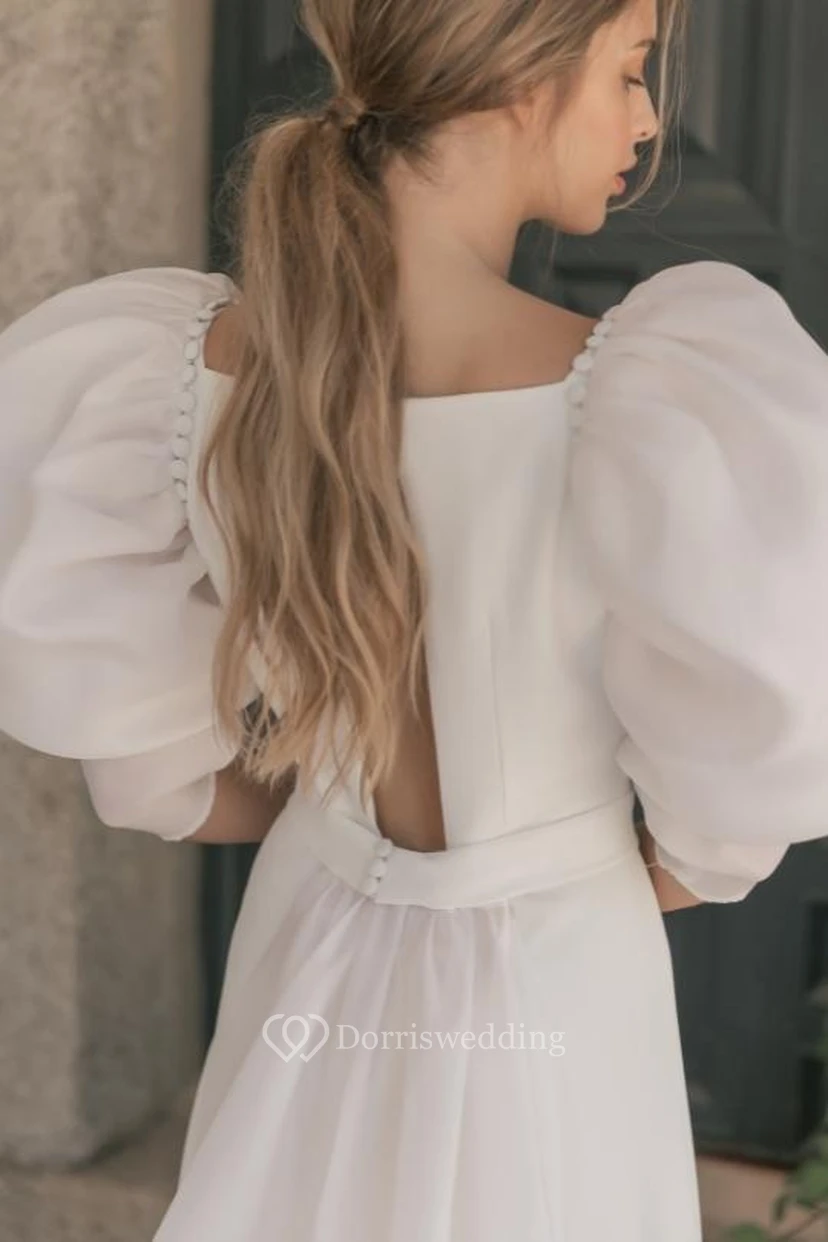 Elegantes, transparentes Chiffon-Etui-Brautkleid mit Puffärmeln, U-Boot-Ausschnitt und Schleppe view 3