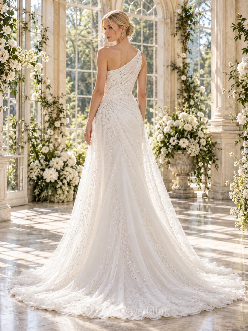 Elegant One-Shoulder Draped Lace Fitted Sweep Train Bridal Wedding Dress view 2