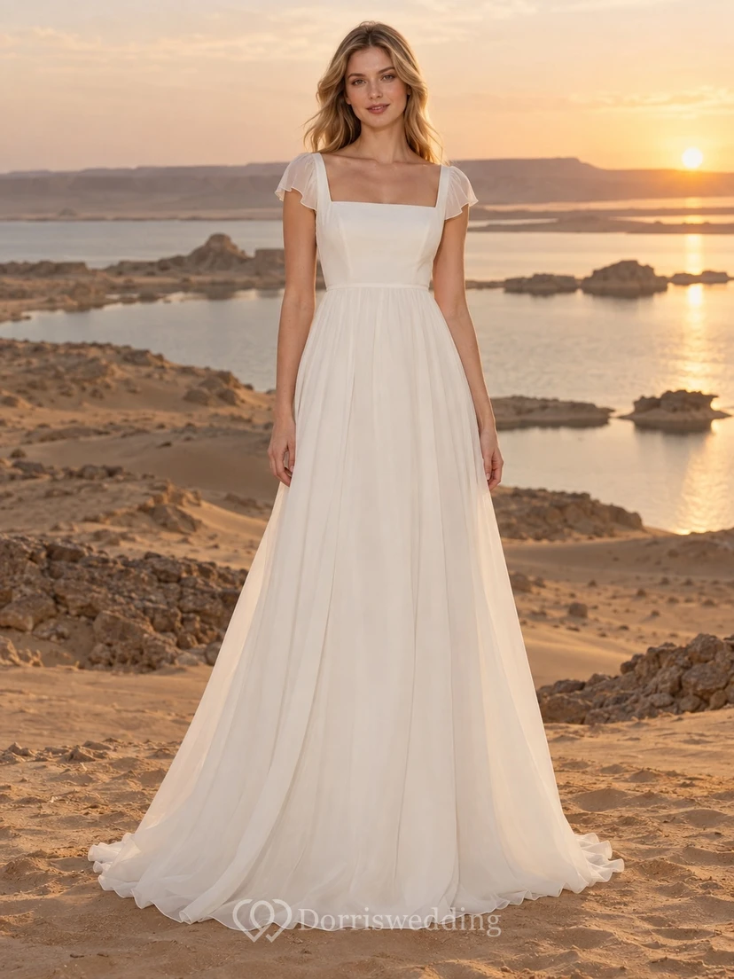Vestido de novia sencillo de gasa con cuello cuadrado, mangas cortas, cintura fruncida y cola de barrido.