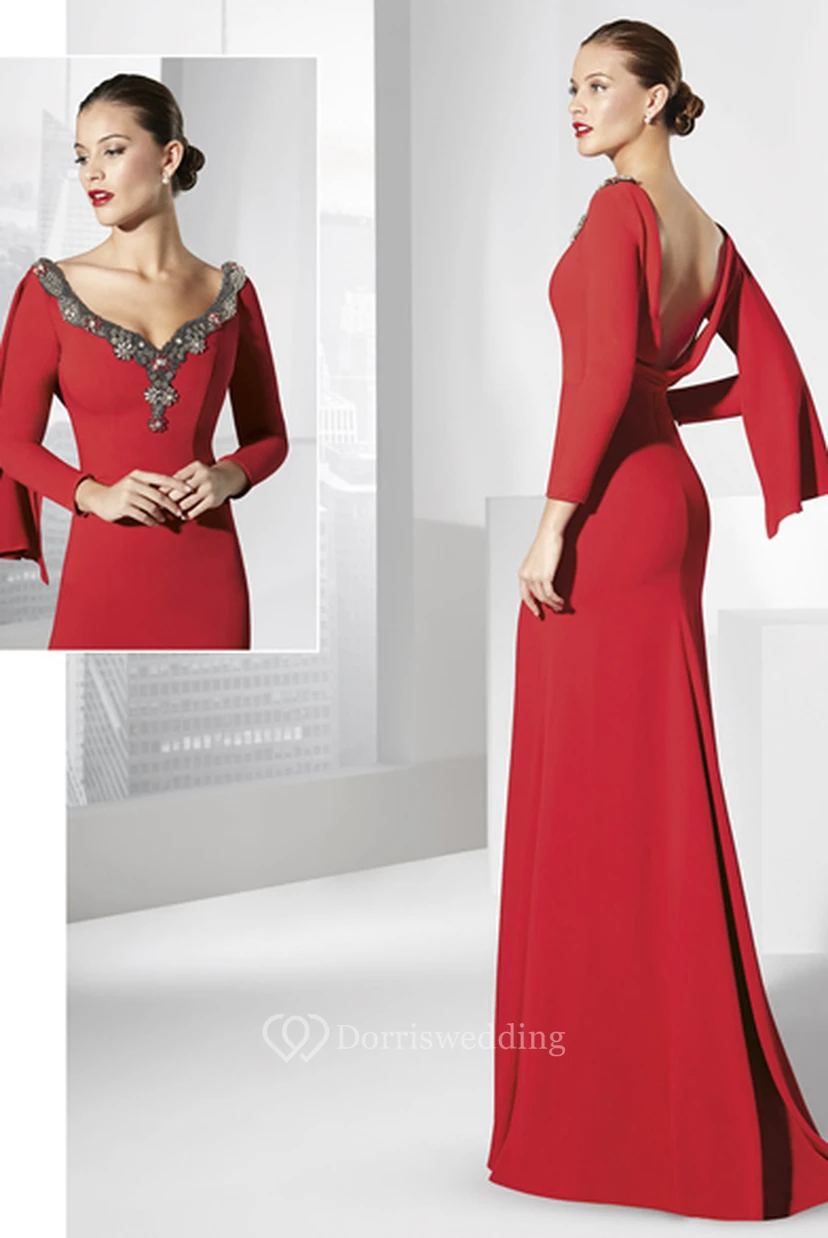 Sheath Long-Sleeve Floor-Length V-Neck Jersey Prom Dress view 2