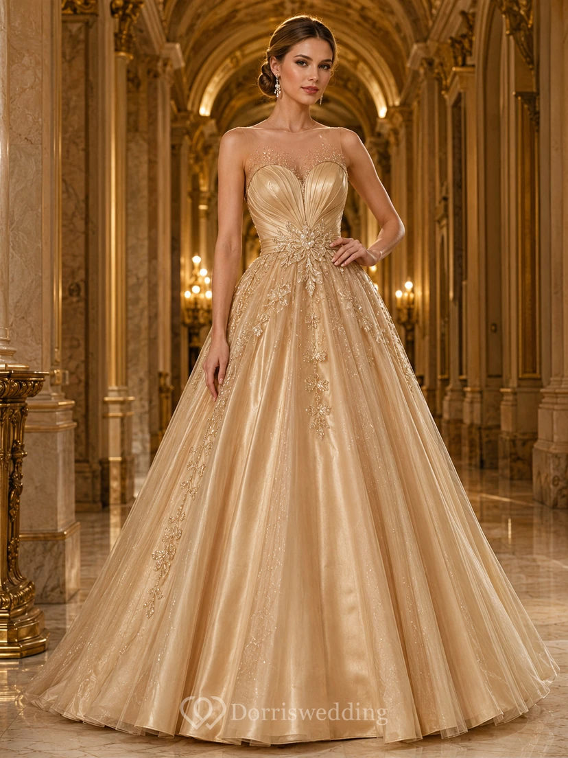 Goldenes, trägerloses Ballkleid mit Herzausschnitt, Glitzer, Perlen und Tüllbesatz, Kapellenschleppe, Opernkleid