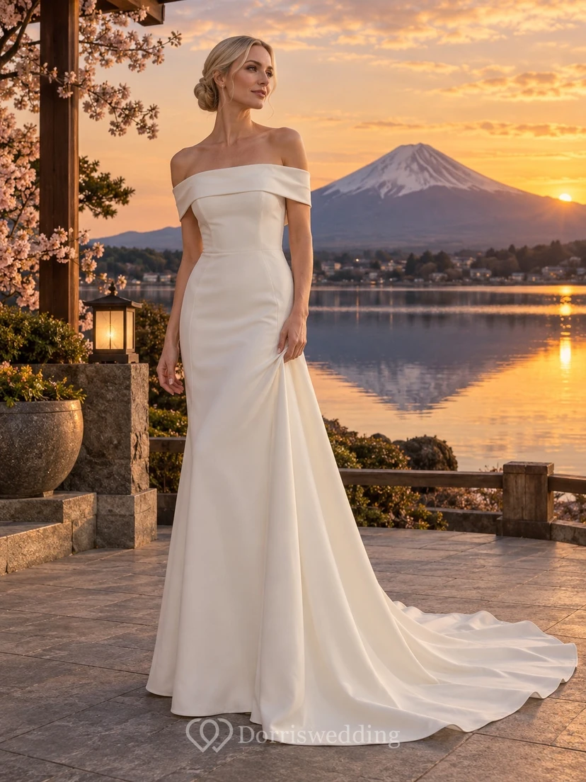 Schlichtes Meerjungfrauen-Brautkleid mit schulterfreiem, gefaltetem Ausschnitt und Schleppe