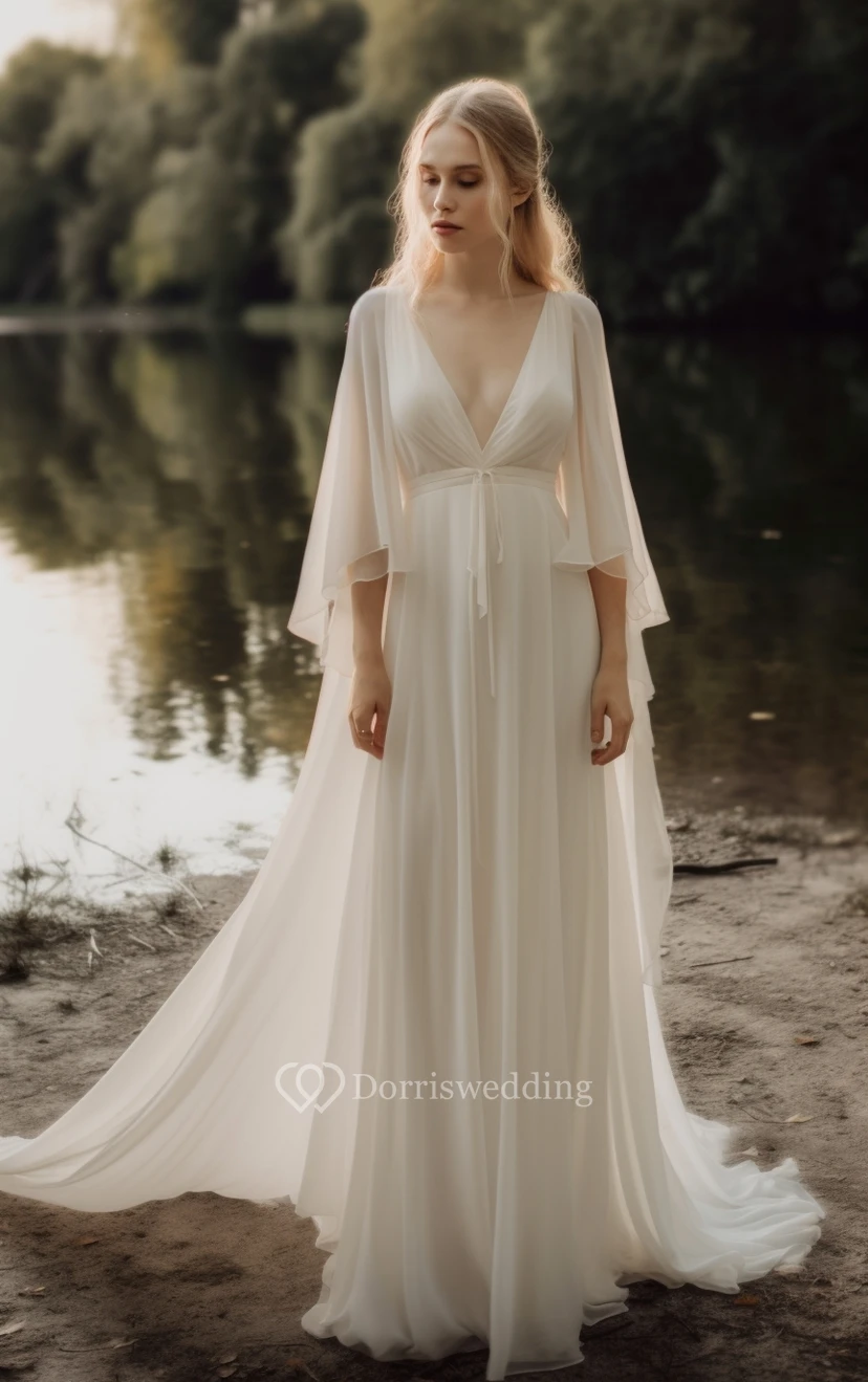 Brautkleid im griechischen Stil aus Chiffon mit tiefem Ausschnitt, langen Ärmeln und Watteau-Schleppe im Fairy Empire-Stil. view 5