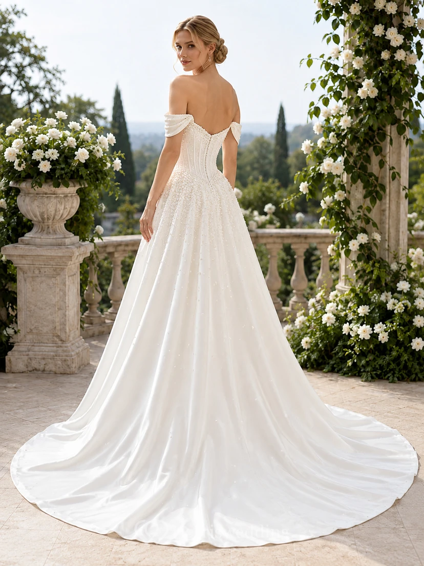 Vestido de novia de satén, corte A, sin hombros, largo hasta el suelo, con escote en V bajo en la espalda. view 2