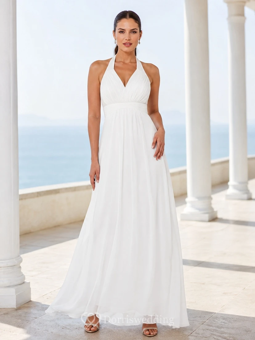White Chiffon Halter Sleeveless A-Line Floor-Length Draped Beach Dress