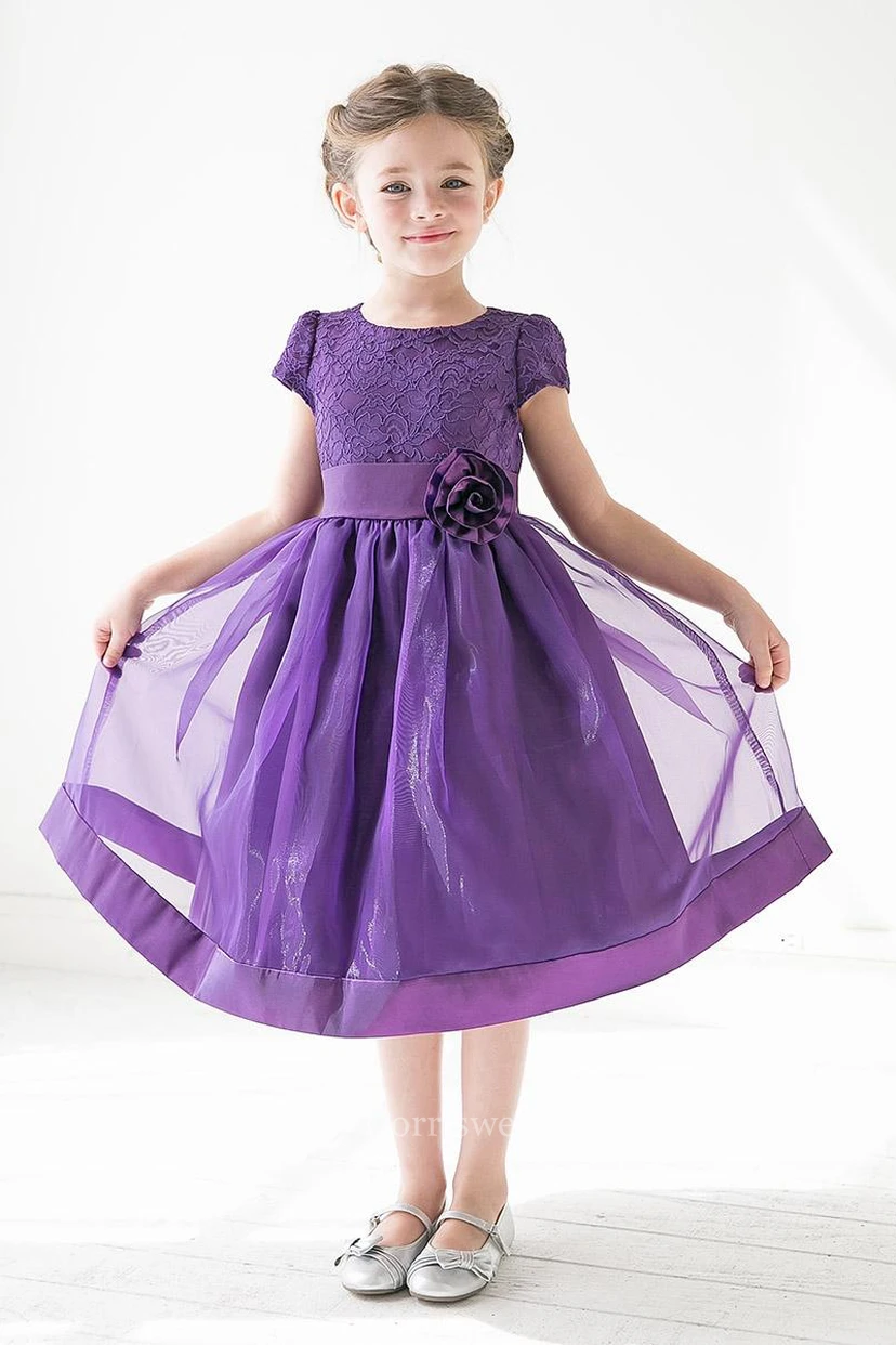Tea-Length Floral Tiered Lace&Organza Flower Girl Dress With Sash