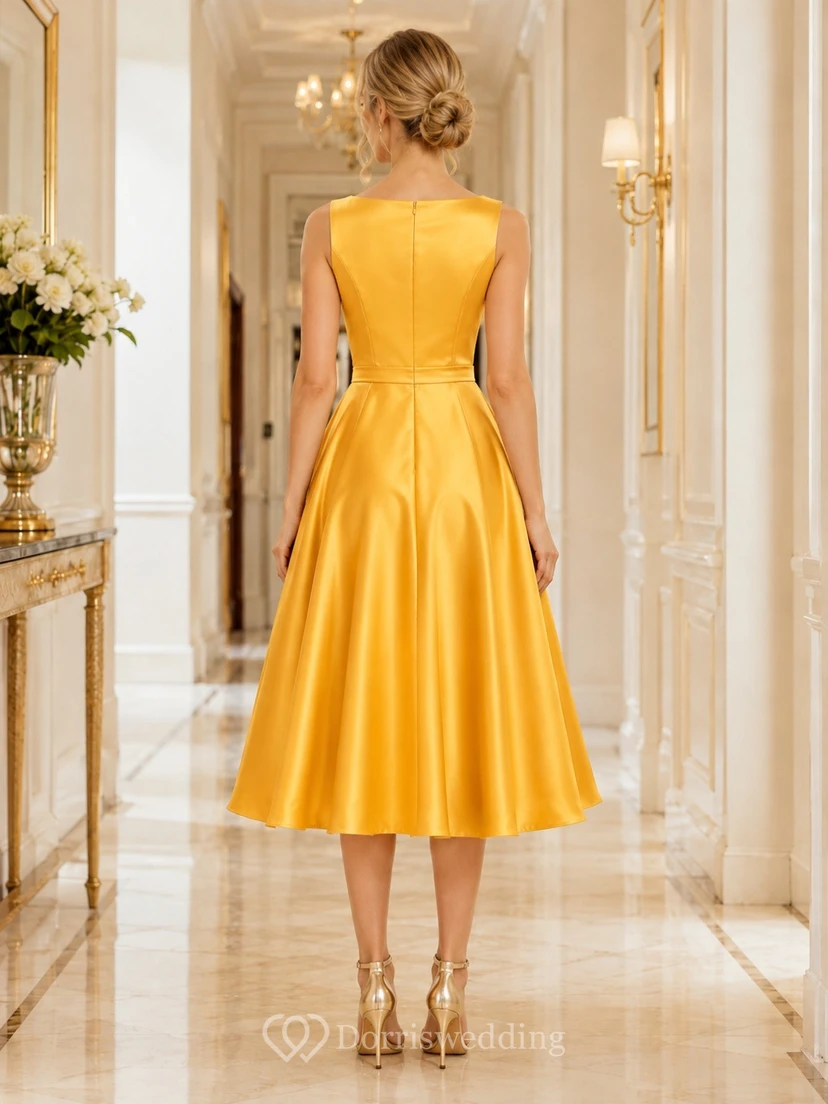 Ärmelloses Blumenmädchenkleid in A-Linie mit goldener Satinschleife und Teelänge view 2