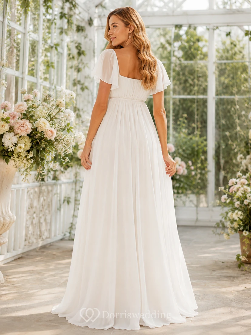 Robe longue blanche de maternité grande taille, col carré, manches papillon, en mousseline, coupe empire, longueur au sol view 2