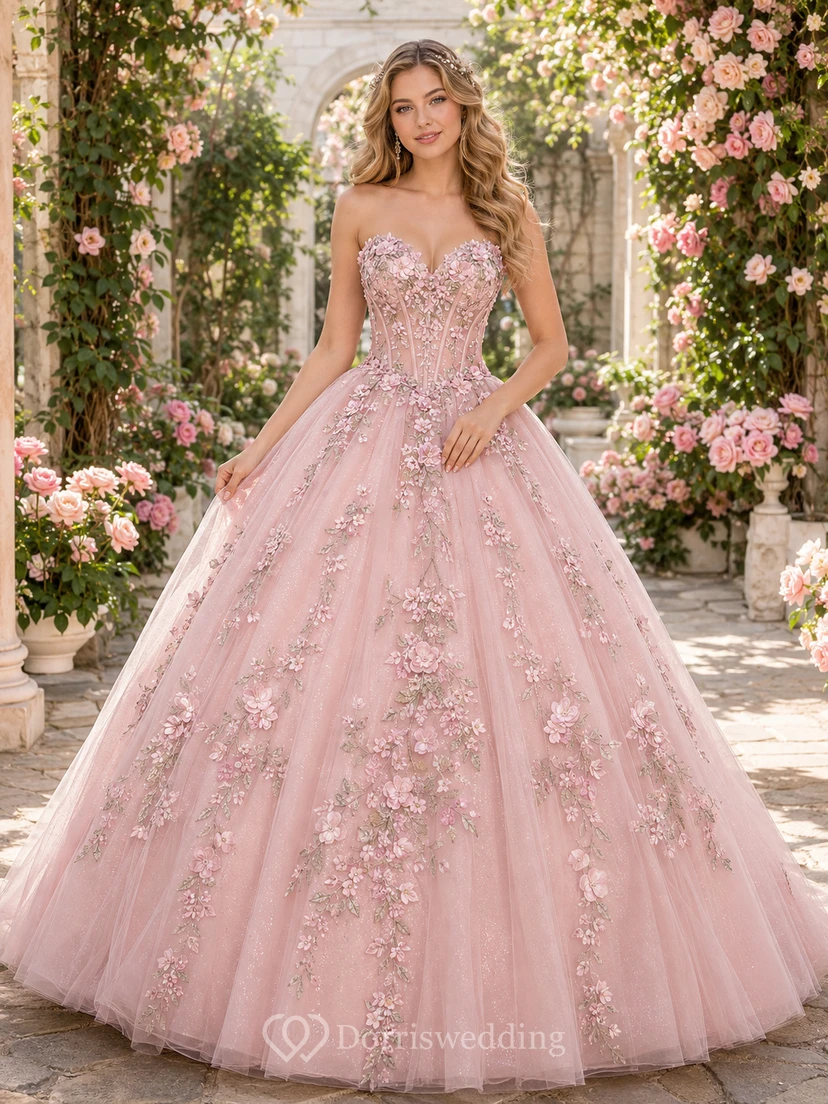 Blushing Pink Enchanted Garden Strapless Floral Quinceanera Princess Formal Ball Gown