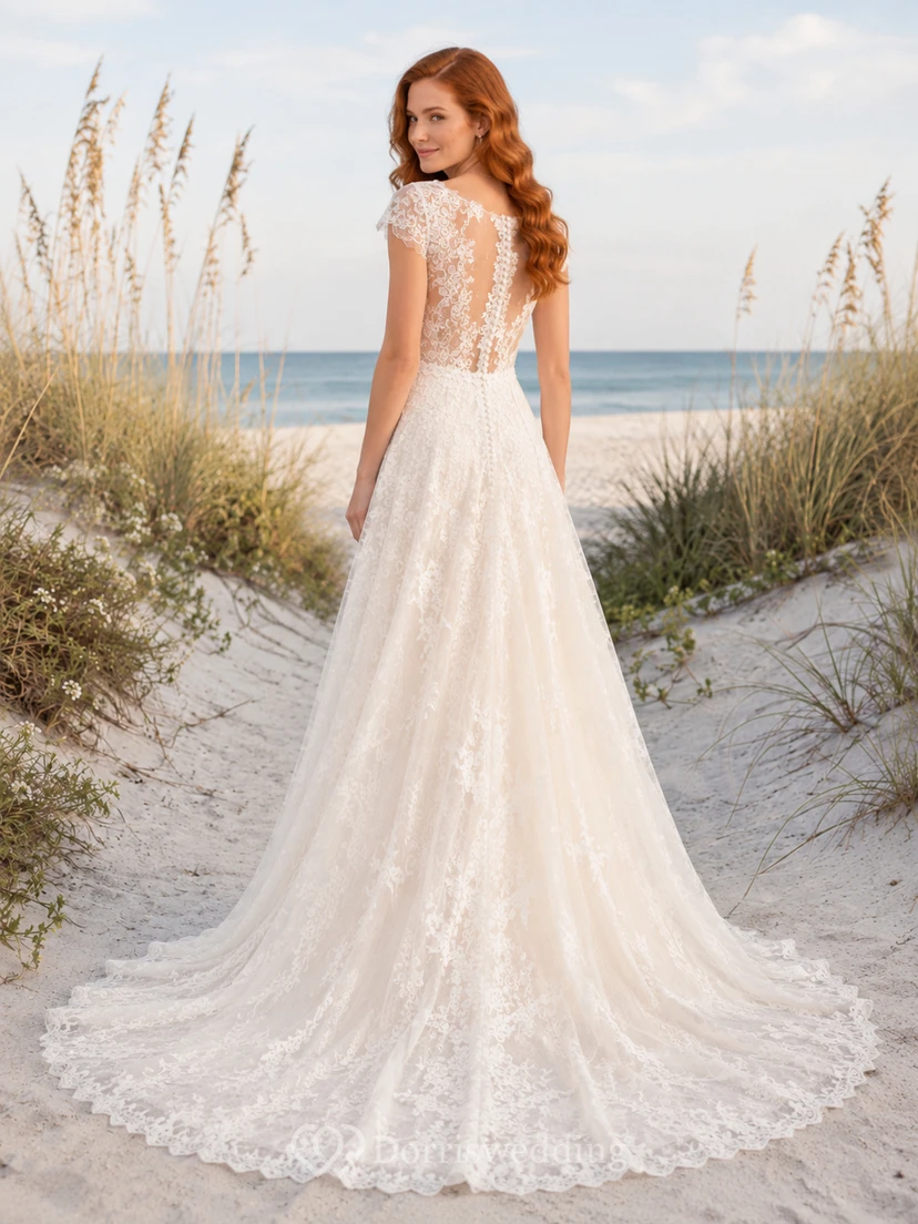 Brautkleid im A-Linien-Stil mit kurzen Ärmeln und Spitze view 2