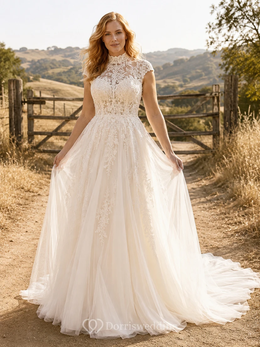 Country Tulle Wedding Dress A-Line Spaghetti Strap Chapel Train Bridal Gown