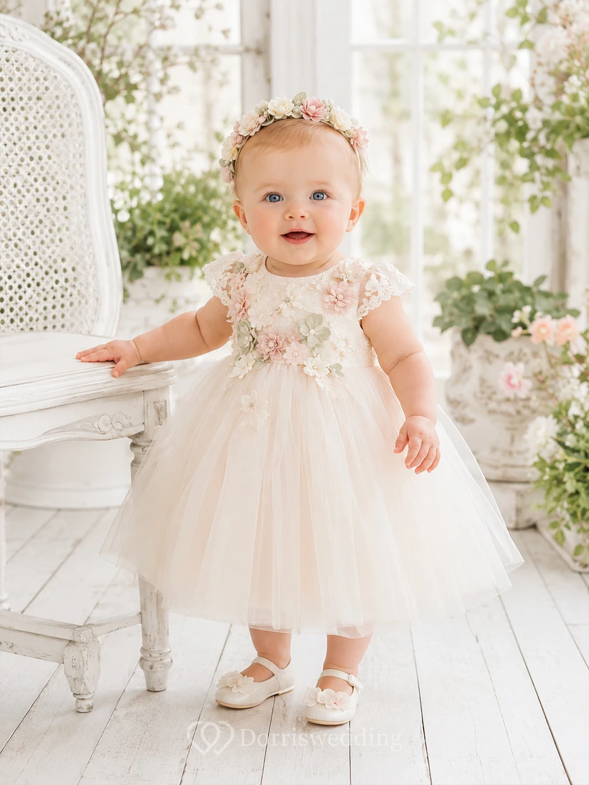 Blushing Pink Baby Baptism Christening Ceremony Dress A-Line Knee-Length Jewel Neck Sleeveless Tulle Floral Detail Bow Back Button Back