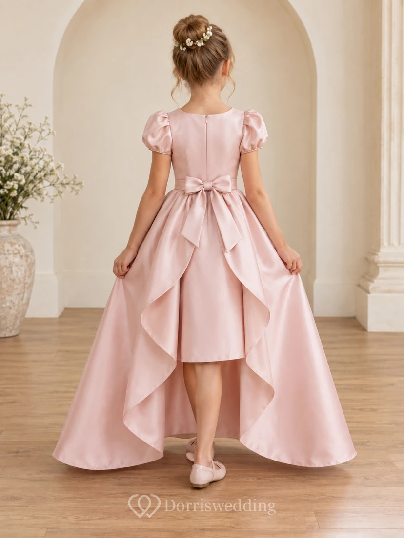 High-low Blush Puff Sleeve Bow Layered Satin Flower Girl Dress view 2