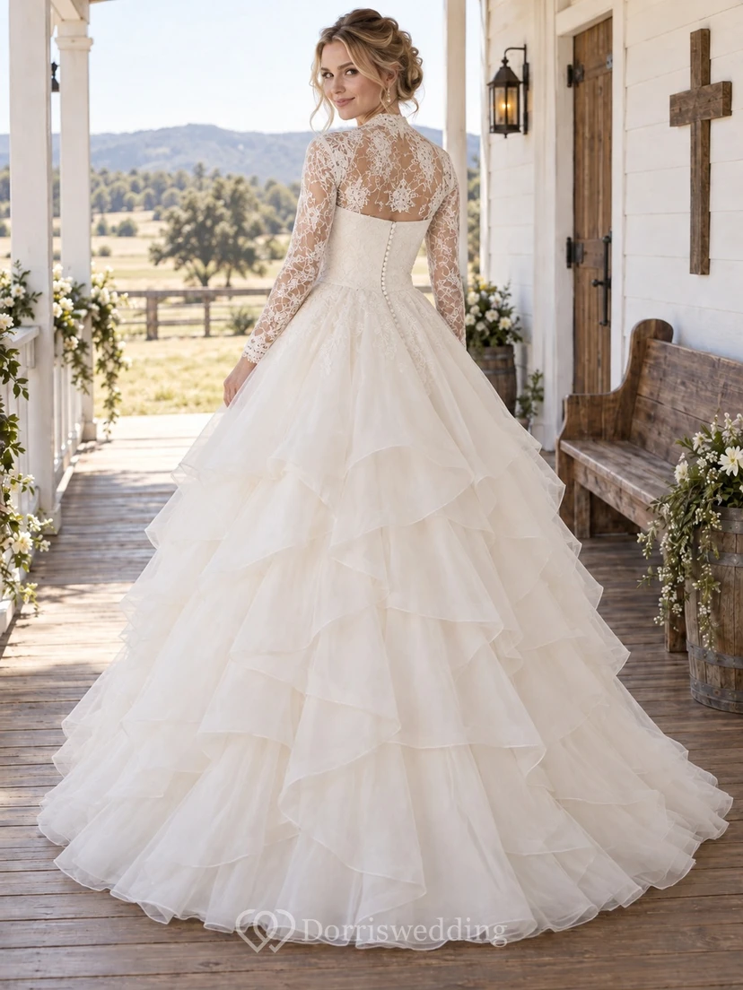 Ländlich-boho Brautkleid, trägerlos, mit langem Ärmel, Spitzenbolero und fließendem Organzarock view 2