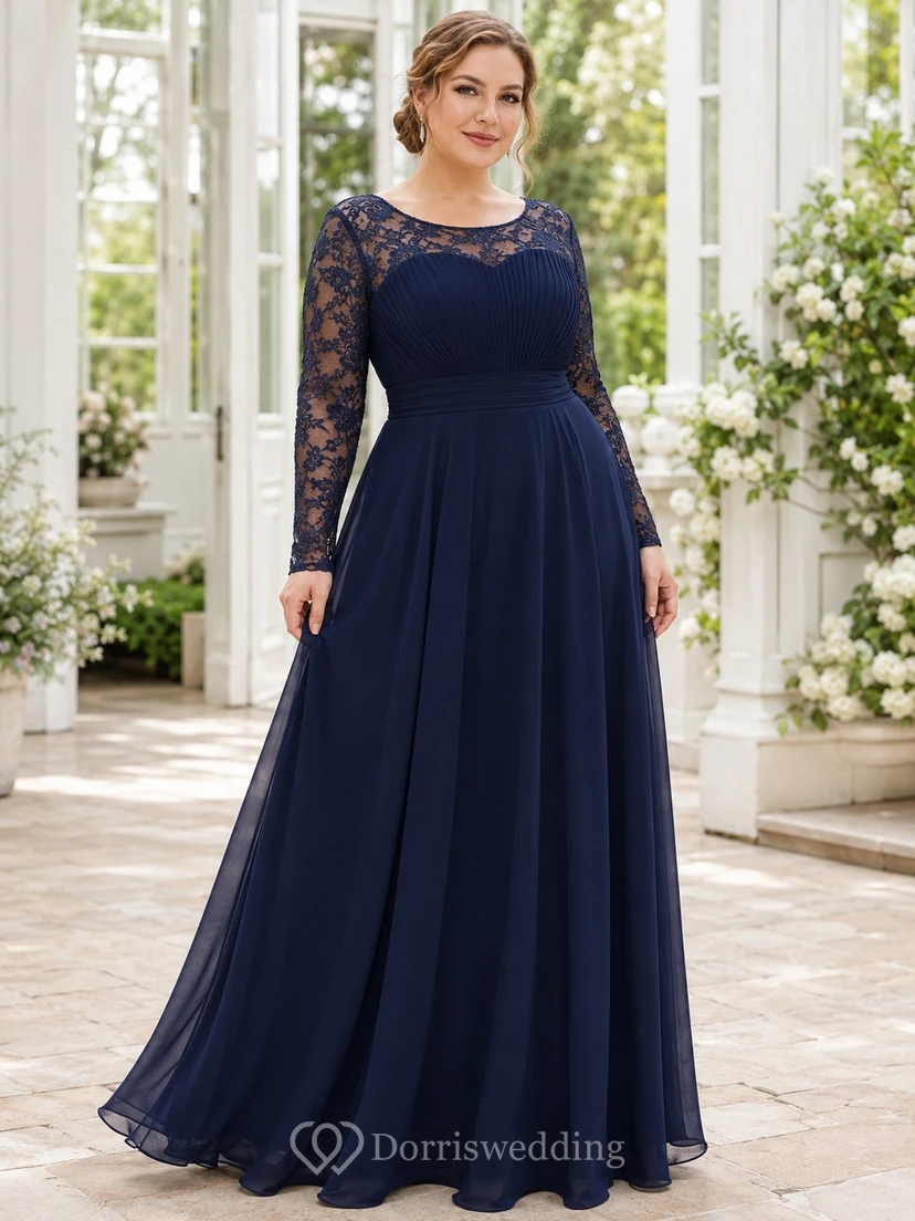 Romantic Navy Lace Tulle A-Line Floor-Length Square Neck Long Sleeve Formal Dress
