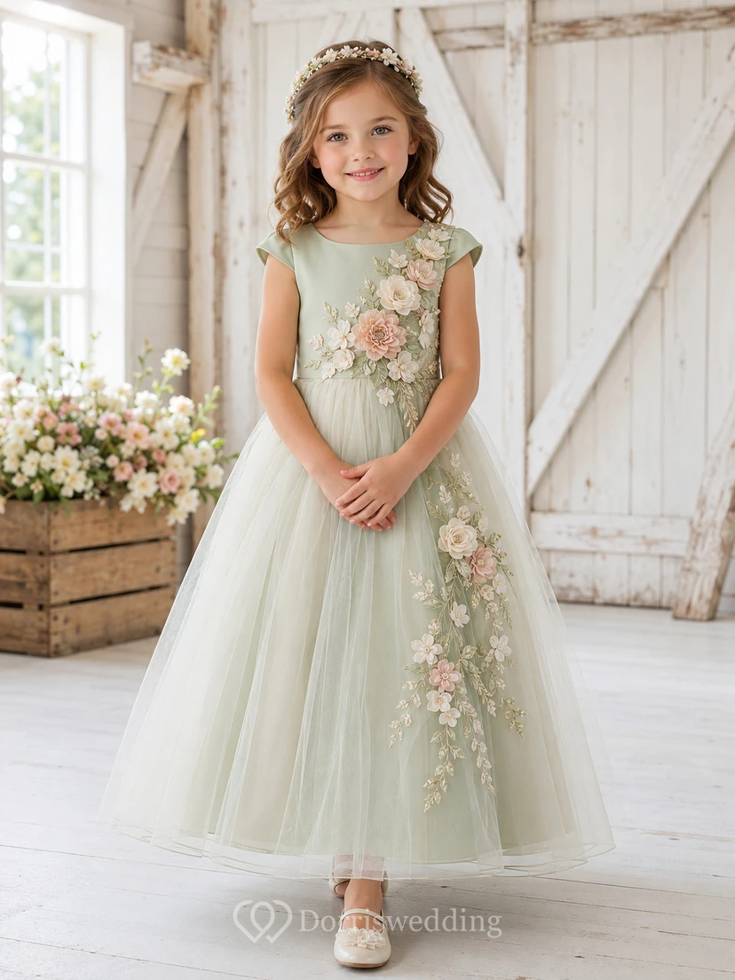 Robe bohème longue jusqu'aux chevilles, coupe trapèze, style demoiselle d'honneur, en tulle sauge, dentelle et appliqués floraux, manches courtes.
