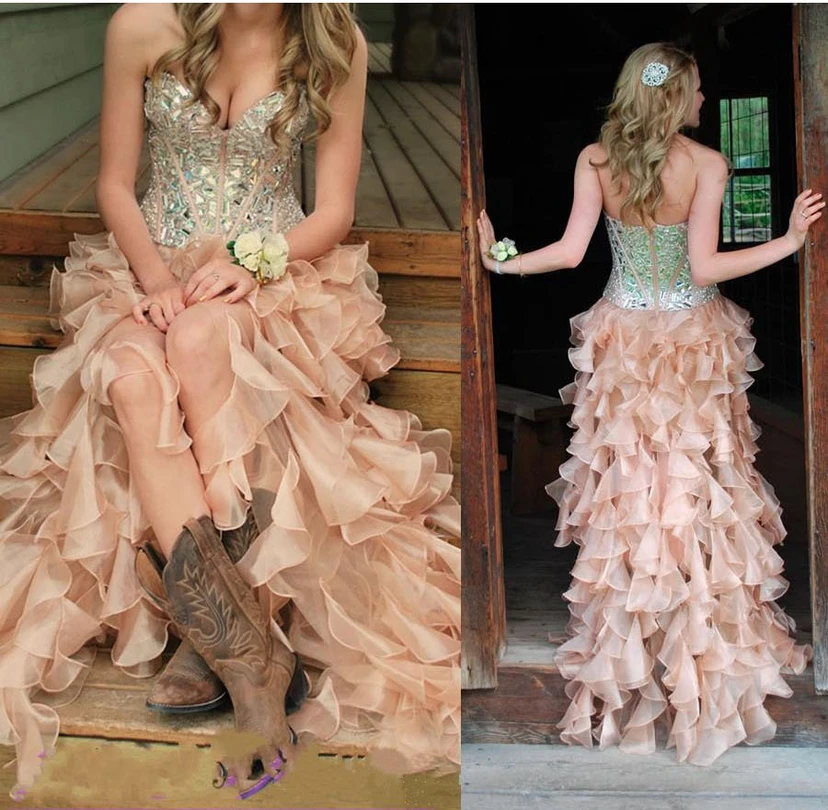 Dusty Rose Country Ruffled Long Layered Prom Dress with Beadings view 3