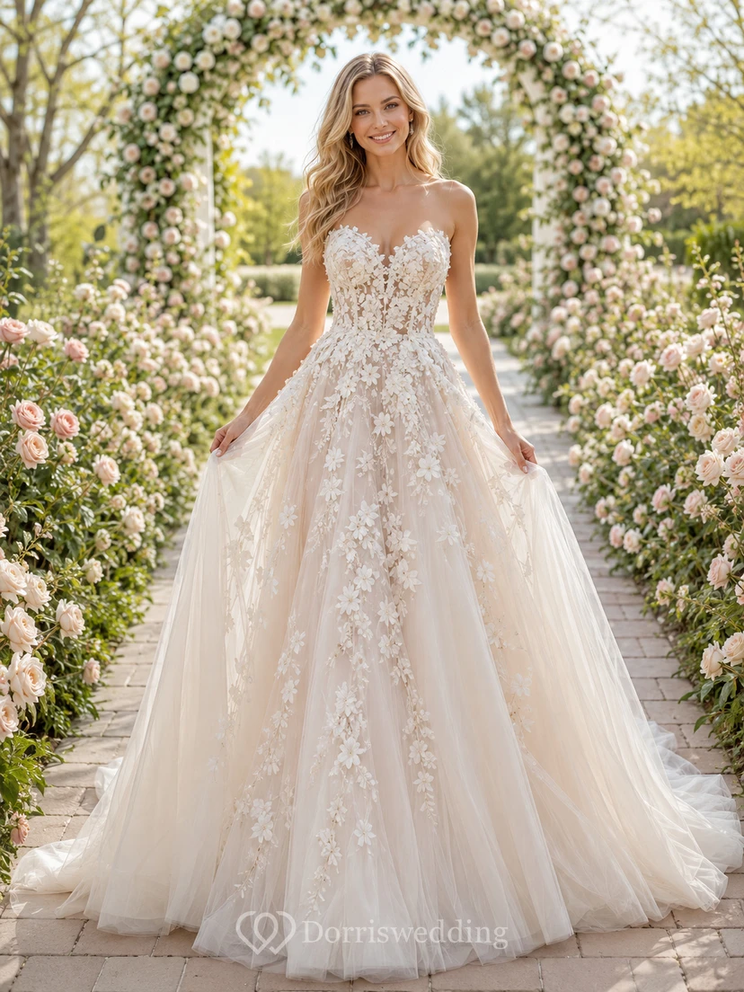 A-Linien-Brautkleid mit floralen 3D-Applikationen aus Tüll
