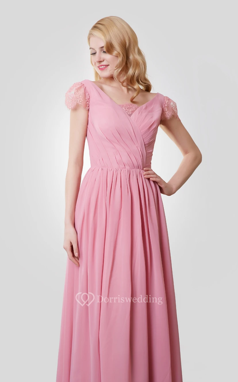Chiffon A-Line Long Dress With V-Neck and Cap Lace Sleeves view 4