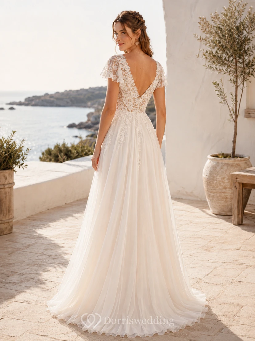 Bohemian Lace Tulle Intimate Wedding A Line V Neck Cap Sleeves Train view 2